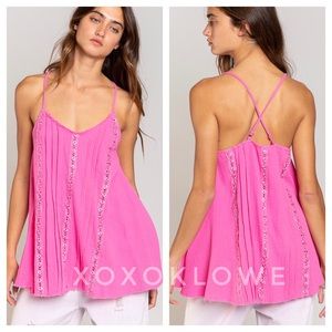 Hot Pink Pink Lace Trim Gauze Sleeveless Top